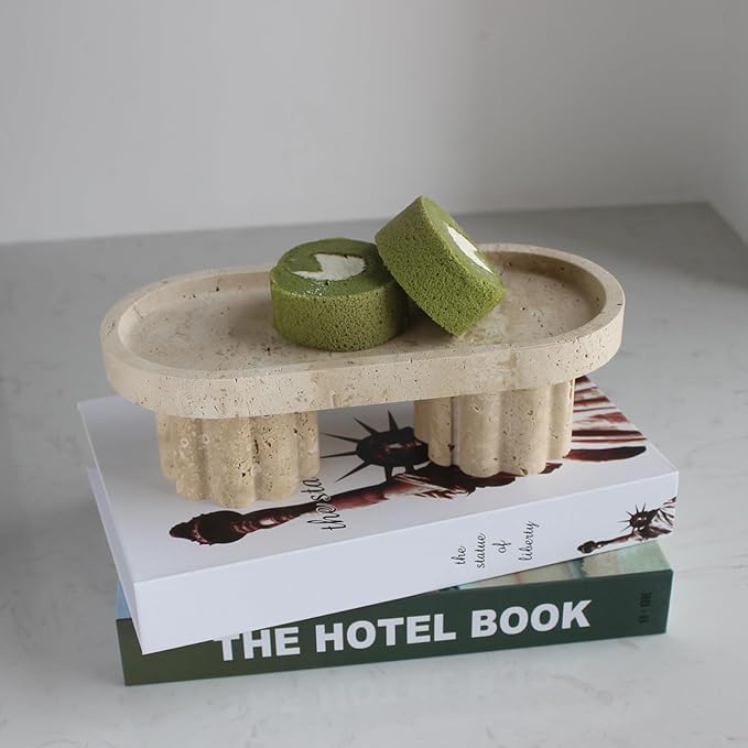 Natural Travertine Marble Oval Tray with 2 Legs, 10" Vanity Decorative Tray for Countertop Organizer, Catchall Tray for Perfume, Candles, Jewelry Dish