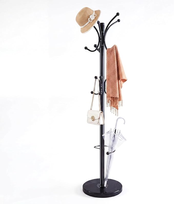 Metal Coat Rack Freestanding with Natural Marble Base, 360° Roraty Coat Rack Stand with 16 Hooks & Umbrella Holder, Black Heavy Duty Coat Rack for Coats Hats for Entryway Bedroom (Black)