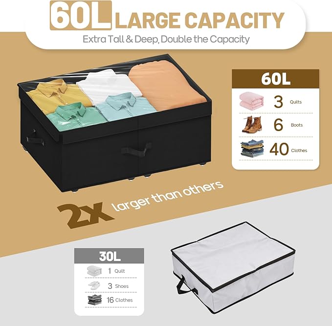 Large Under Bed Storage with Wheels, 10" Height Rolling Underbed Storage Containers Bins with Lid, Deep No-Assembly Under Dorm Bed Storage Drawers for Shoes, Clothes, Blankets (2 Pack, Black)