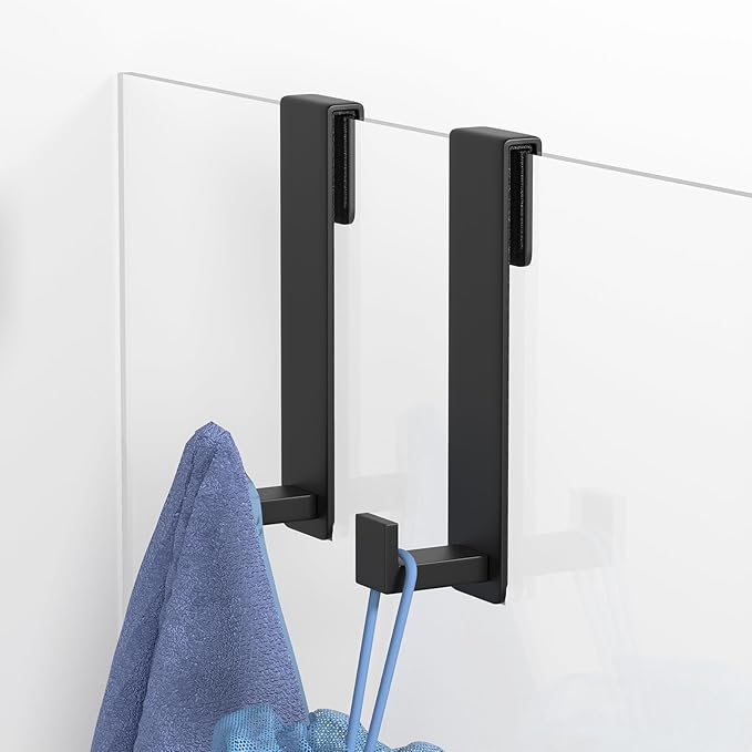 HUFEEOH 2-Pack Shower Towel Hooks, Stainless Steel 7.5-Inch Extended Over Door Hooks for Frameless Glass Shower Door, Heavy Duty Towel Rack for Bathroom, Holds Robes & Towels, Black