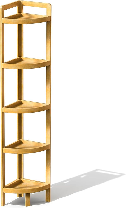 2026 New Bamboo Standing Shelf, 5 Tier Corner Shelf Stand, Free-Standing Shelf Units, Triangular Curved Corner Shelf Stand for Space-Saaving Display Ideal for Bathroom/Kitchen/Living Room Storage
