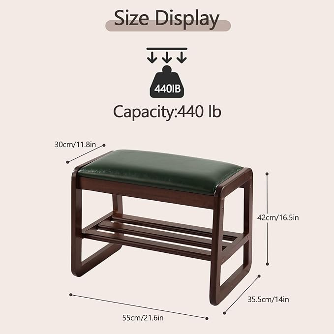 Achicsofar Small Shoe Rack Bench,2 Tier Wooden Entryway Bench with Shoe Storage, Shoe Rack with Cushion for Living Room, Hallway(Green, 21.6")