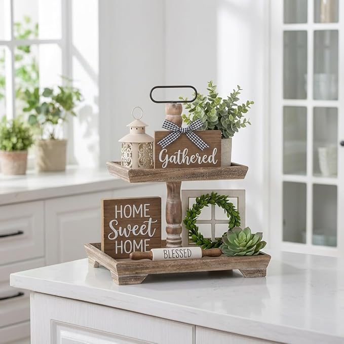 Hanobe Tiered Tray for Table Decor: 4th of July 2 Tier Decorative Tray Stand for Coffee Bar - Large Farmhouse Display Stands for Seasons - Wood for Kitchen Counter Decorations