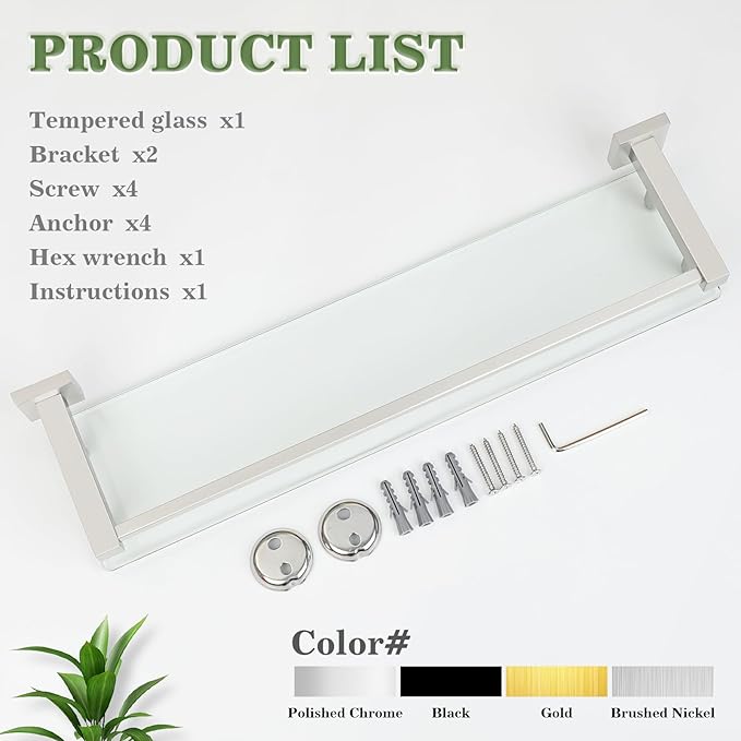 Alise Glass Shelf for Bathroom 20 inch, Brushed Nickel Glass Floating Shelves, Stainless Steel Glass Bathroom Shelves Wall Mounted