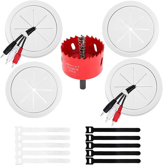 4 Pack TV Cord Hider for Wall Mounted TV, 2-3/8"(60mm Hole) Cord Hider for TV Wall, in Wall Cable Management Kit, Includes 4 Pass Throughs, 1 Hole Saw Drill Attachment & 10 Cable Ties for Easy Install