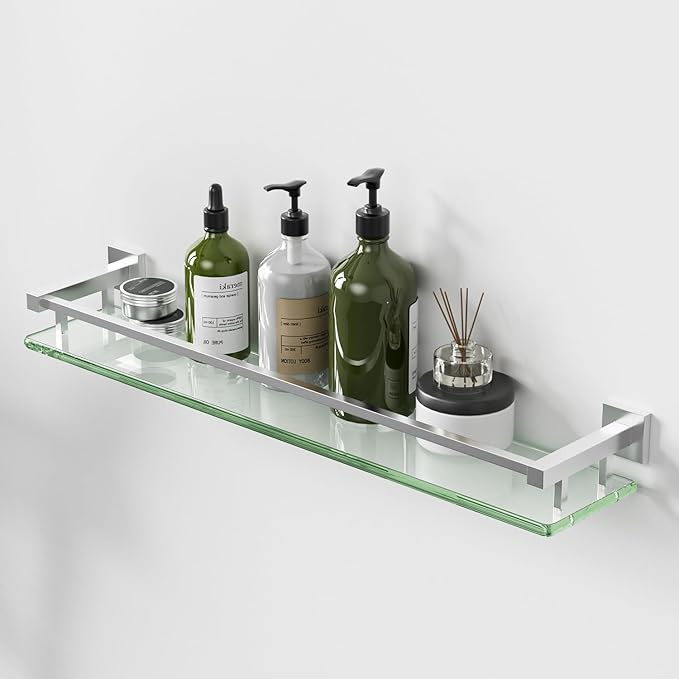Alise Glass Bathroom Shelves Wall Mounted, 24 Inch Tempered Floating Shelves Bathroom, Stainless Steel Bathroom Glass Shelf