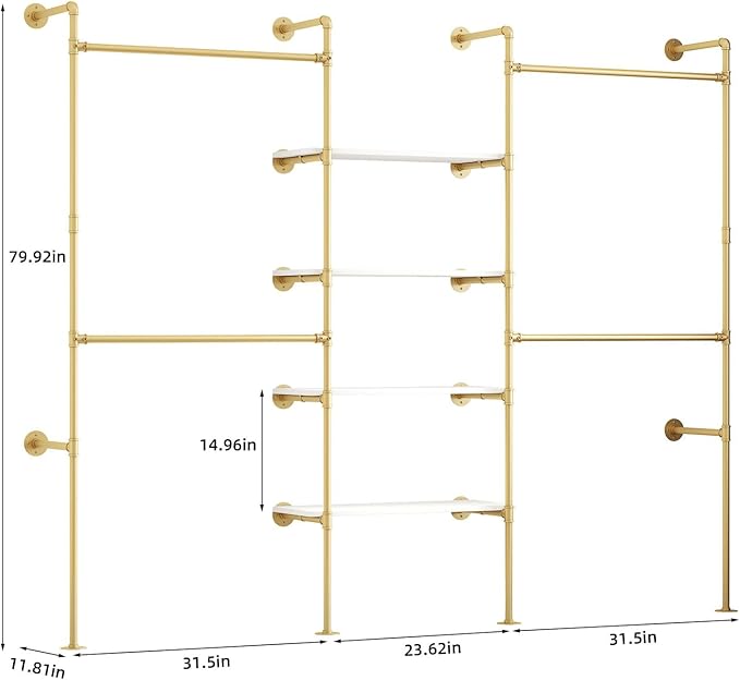 Industrial Pipe Clothing Rack, Heavy Duty Adjustable Garment Hanger with Shelves, 2 Installation Methods Closet Storage System for Wardrobe Organization (Gold, 80" H x 86" W)