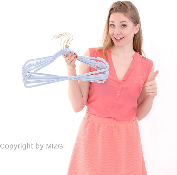 MIZGI Premium Velvet Hangers (50 Pack) Heavy Duty - Non Slip Felt Hangers - Velvet Suit Hangers Light Blue - Rose Gold Hooks,Space Saving Clothes Hangers