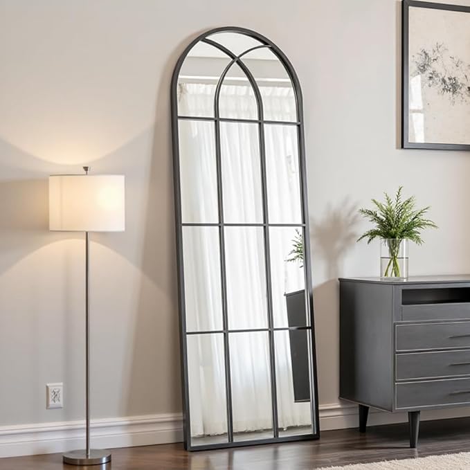 OGCAU Arched Full Length Mirror, 65"x22" Window Mirror, Floor Length Hanging or Leaning, Full Body with Iron Frame Window Pane for Bedroom Living Room (Black)