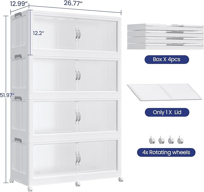640QT Extra Large Stackable Storage Bins with Lid & Wheels & Doors, 160Gal Foldable Collapsible Closet Organizers, Plastic Cabinet Box Container Drawer for Home Kitchen Bedroom, 4Pack White