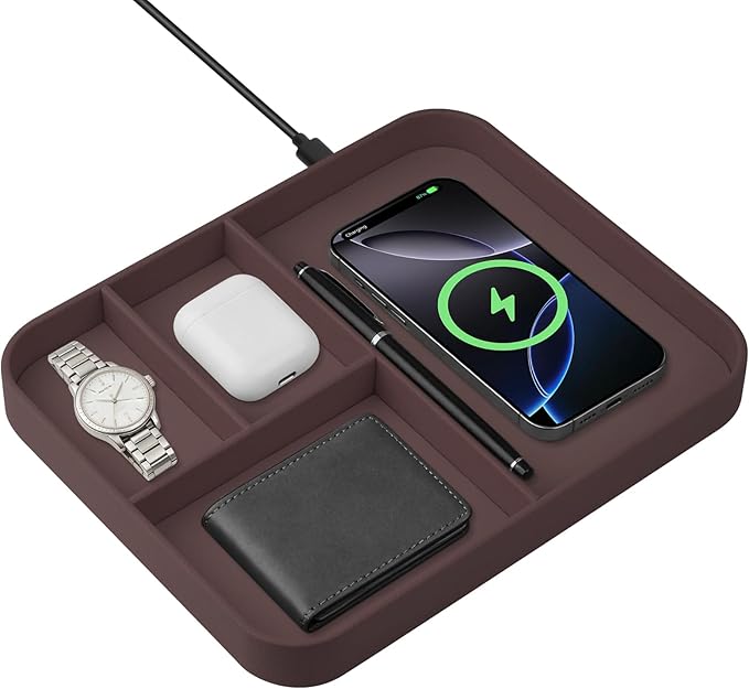 VOVIPO Faux Leather Valet Tray,with 2 in 1 Wireless Charging Compitable With iPhone/17/16/15/15 Plus/15 Pro/15 Pro Max/14/13/12/Wireless earphones,Office/Home Desk Organizers Tray-Brown
