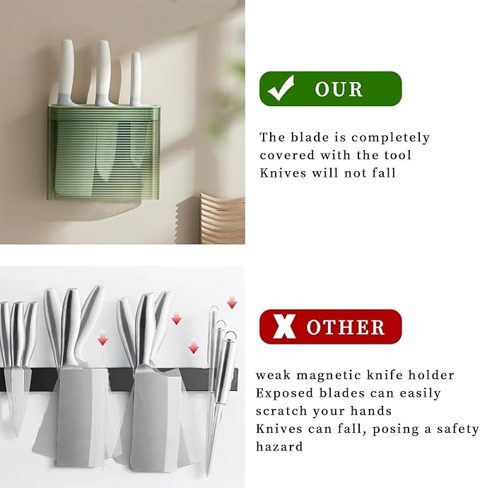 Knife Holder for Wall, Knife Storage Wall Mounted No Drill, Universal Knife Holder with 2 Long Slot for Fruit/Kitchen/Boning Knife and Kitchen Scissors, Load 2.5KG, Green Nordic Minimalist