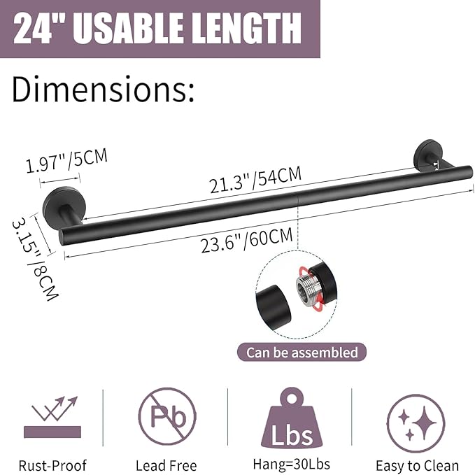 Brushed Nickel Towel Bar 24 Inch, 304 Stainless Steel Bathroom Towel Holder, Towel Racks for Bathroom Wall Mounted, Modern Bathroom Accessories for Home Bathrooms, Kitchens,Hotels & Toilets（Black）