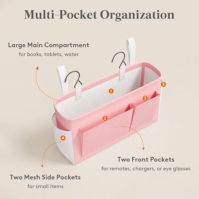 Lifewit Bedside Caddy Storage Organizer, Hanging Storage Bag with Fixed Straps, Book Remotes Holder for Home, College, Dorm, Bunk, Hospital, Crib Bed Rails, Pink
