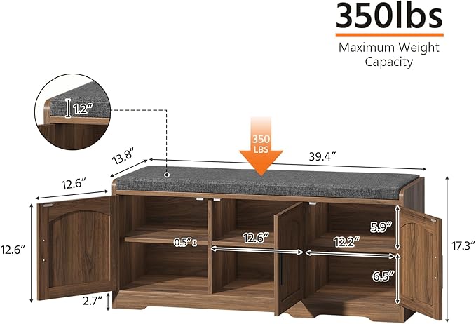 39.4" Shoe Storage Bench with Seating Cushion, Fluted 2-Tier Entryway Bench with 3 Doors & Adjustable Shelves, Shoe Cabinet Bench for Entryway, Hallway, Bedroom and Living Room (Walnut)