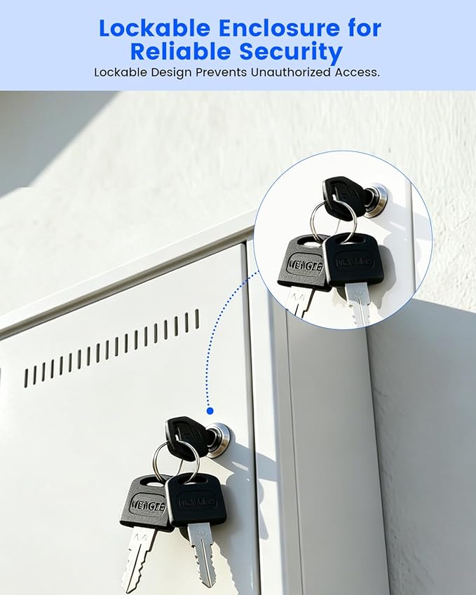 DVR Lock Box & NVR Enclosure, Heavy Duty Lockable Steel Cabinet for CCTV Surveillance Systems, Wall-Mount Design with Ventilation and Cable Management