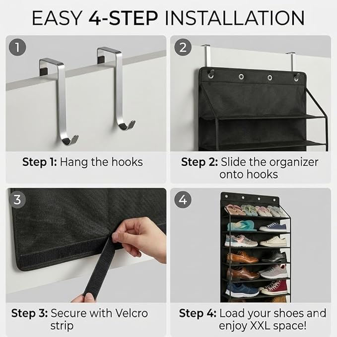 SUREMAX Over The Door Shoe Organizer, 11-Tier Hanging Shoe Rack for Closet Door Fits 22 Pairs, Clear PVC Behind The Door Storage Organizer with Heavy Duty Hooks & Loop Fastener, Black