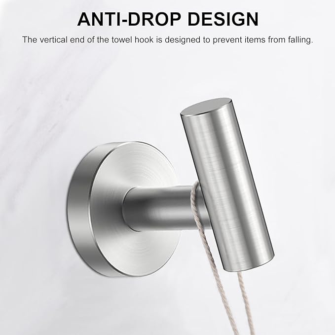 SetSail Towel Hooks for Bathrooms Screw-in 4 Packs Brushed Nickel Bathroom Towel Hook Wall Mounted Stainless Steel Shower Towel Hooks for Coat Hanging, Drill Hole