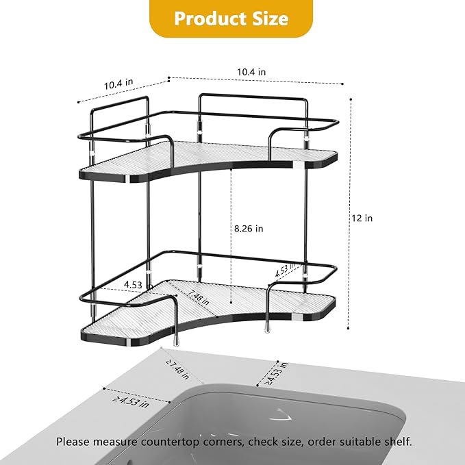 FOLLOWIN 2 Tier Countertop Corner Organizer, Corner Shelf for Vanity Countertop, Bathroom, Kitchen & Coffee Bar, Open Metal Frame with Clear Trays, Tool-Free Assembly, Space-Saving Storage, Black