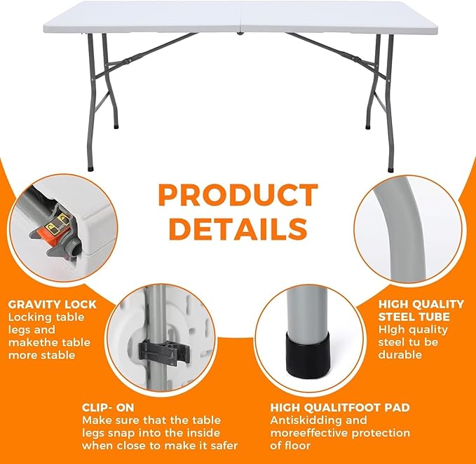 Lakhow 6 FT Folding Table,Outdoor Indoor Plastic Table Portable Square Height Dining Table Perfect for Picnics, Parties, Party and Camping (Modern, Clear White)