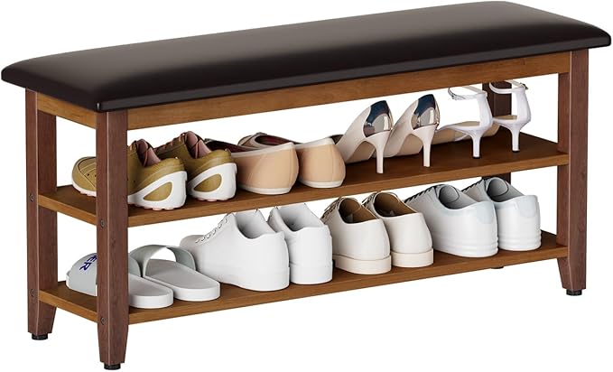 Shoe Bench with Leather Cushion,Wood Bench with Shoe Rack,2-Tier Shoe Storage Organizer for Entryway,Hallway,Living Room (2-Tier-39.4", Rubberwood)