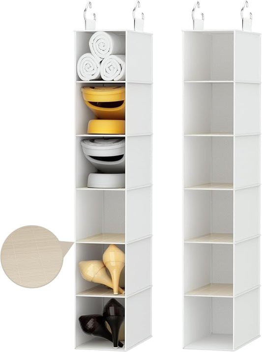 Hanging Shoe Shelves - 6 Section,Closet Organizer Set of 2 with Woven Bamboo Shelves,Slim 5.5” Wide Design for Space-Saving Storage,White
