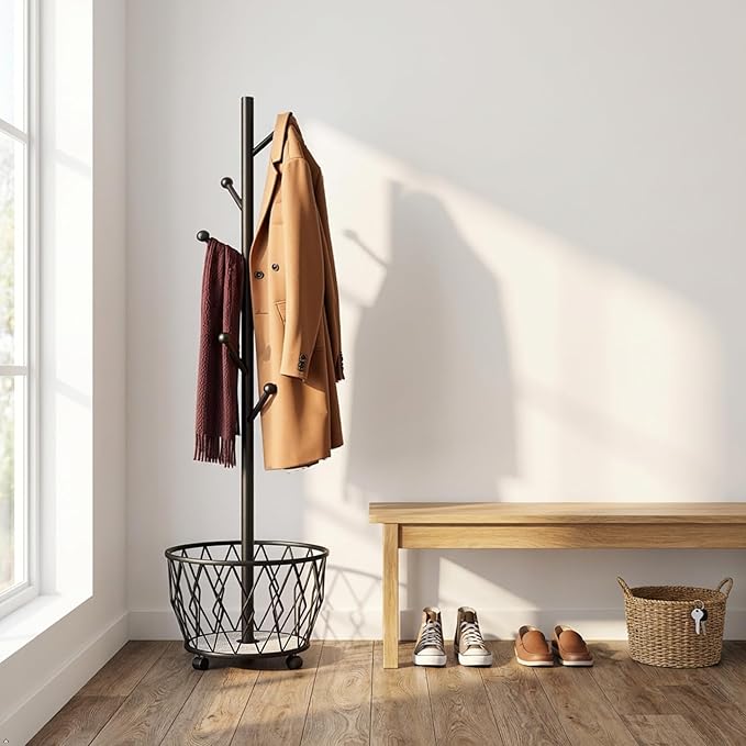 Freestanding Metal Coat Rack Stand with Basket Modern Organizer for Scarf Jacket Hat Bags Ideal for Home Entryway Bedroom Corner Stable and Moveable tree (black)