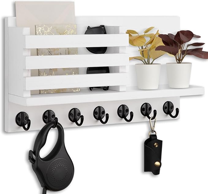 Lwenki Key Holder for Wall – Decorative Wooden Mail Holder and Key Shelf with Mounting Hardware, Installation Guide – Paulownia Wood with Metal Key Hooks (White, Extra Large - 15.6inch)