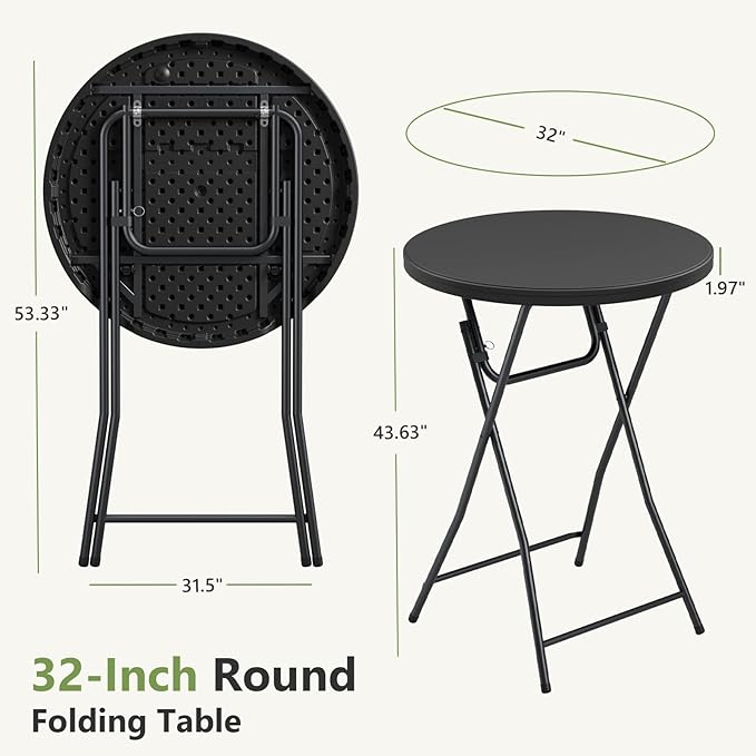 Folding Table 2 Pack, 32 Inch Foldable Cocktail Bar, High Top Round Folding Bar Tables No Assembly, Portable Bistro & Commercial Event Furniture for Wedding, Banquet, Party, Indoor Outdoor Use