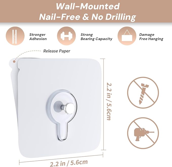 24PCS Picture Hangers,Wall Hangers Without Nails,Adhesive Hooks for Hanging,Wall Hooks,Waterproof and Rustproof to use Inside Kitchen(8mm)