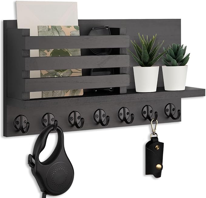 Lwenki Key Holder for Wall – Decorative Wooden Mail Holder and Key Shelf with Mounting Hardware, Installation Guide – Paulownia Wood with Metal Key Hooks (Black, Extra Large - 15.6inch)