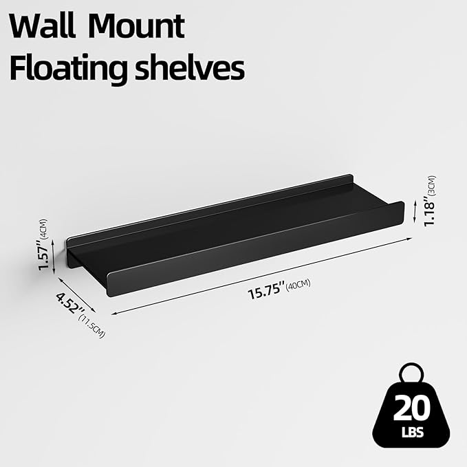 Floating Shelves for Wall, Wall Mounted Shelves with Lip for Storage, Metal Display Shelves for Home Decor, Kitchen/Living Room/Bedroom/Bathroom Shelf, Black 16 inch 1 Pack