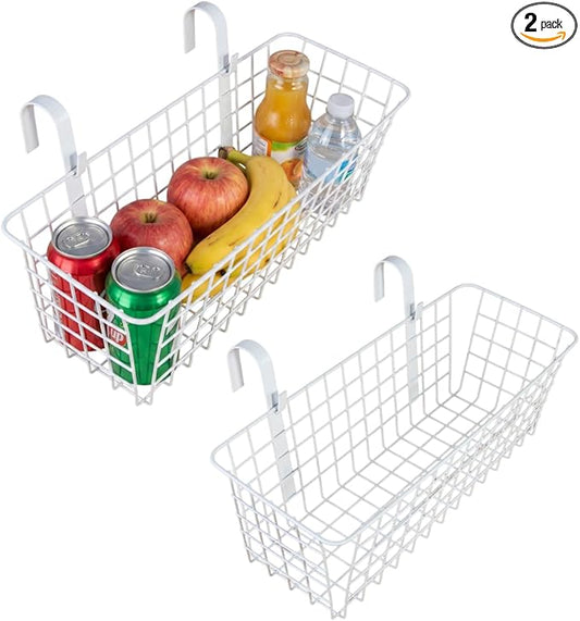2 Pack Bedside Hanging Wire Basket for Storage Bedside Caddy Hanging Organizer Bunk Bed Shelf Holder Pocket for College Dorm Room Baby Bed Rails (White/Large)