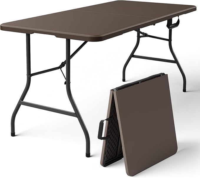 Folding Table 5FT Heavy Duty Plastic Table with Handle, Foldable and Portable, Fold-in-Half Utility Tables for Outdoor, Dining, Wedding, Events, Indoor, Picnic, Camping, Party, (Brown)