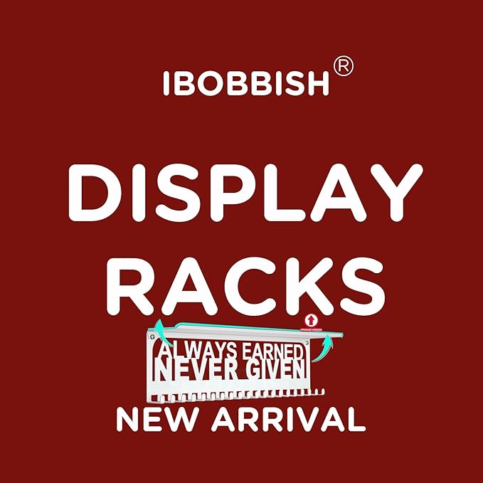 iBobbish Metal Medal Hanger Display,Non-Slip Trophy Shelf with 20 Hooks,Wall Mount,Heavy Duty,Non-Bent,Holds 22-33lbs,for Gymnastics,Race,Soccer,Swim