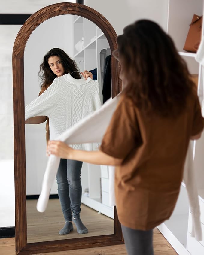 Full Length Mirror, 81"x41" Wooden Mirror Full Length with Stand Wood Floor Mirror, Oversized Stand Up Mirrors Large Wall Mirrors, Wall Mounted Mirrors, Arched Wood Style, Walnut