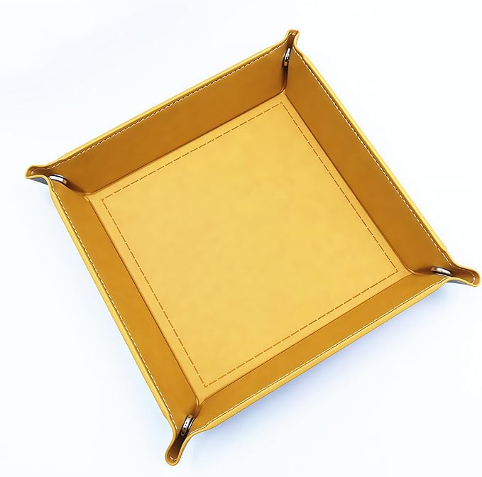 Valet Tray Desktop Storage Organizer – Vegan Leather Catchall Tray Bedside Vanity Tray Nightstand Caddy Holder for Remote Controller, Watch, Keys, Phone, Wallet, Coin, Jewelry, Yellow