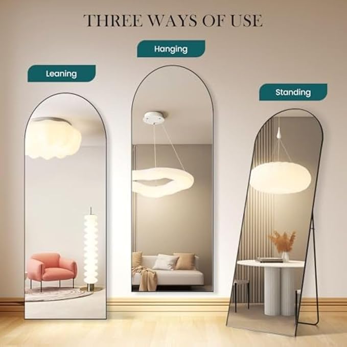 NEWBULIG 64"x21" Arched Full Length Mirror, Full Body Floor Mirror with Aluminum Alloy Thin Frame, Wall or Standing Mirror for Bedroom, Living Room, Dressing Room, Black-Arched