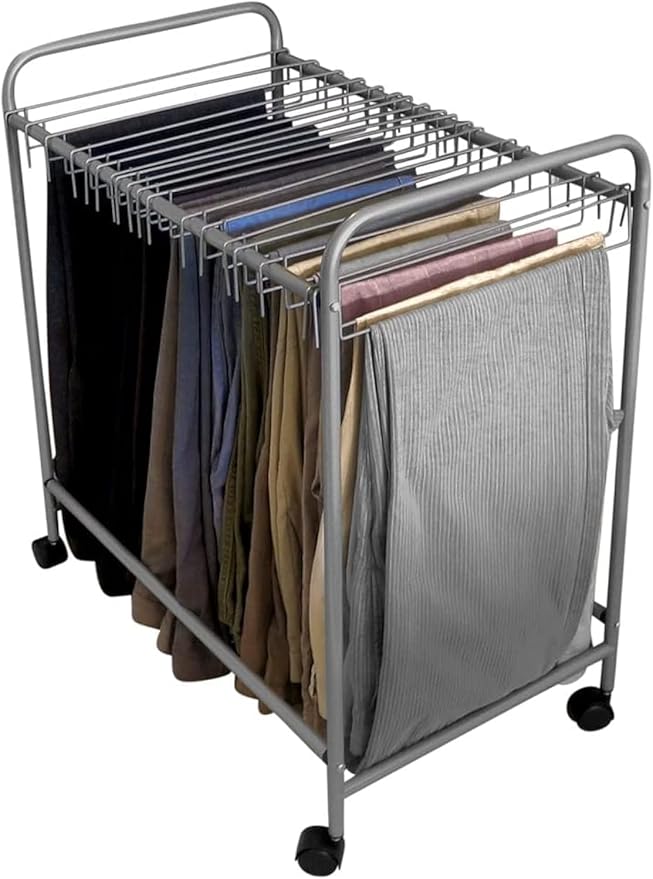 Evelots Pants Rack with 20 Pants Hangers Rolling Trolley Cart - Skirt Hangers, Jean Organizer for Closet