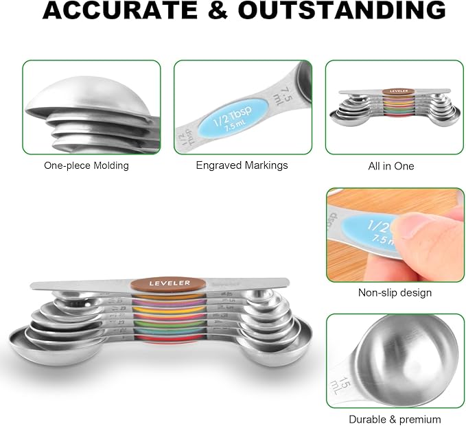 13-Piece All-Magnetic Measuring Cups and Spoons Set, 430 Stainless Steel Metal Measuring Cup and Spoon Set with Silicone Handles & Leveler for Baking Cooking (Multi-color)