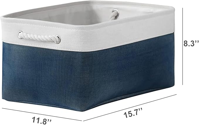 Organization and Storage Basket for Shelves - 16x12x8 inch Large 3 Pack Canvas Storage Bin Collapsible Baskets for Organizing, Fabric Storage Cubes for Cloth Laundry (White&Deep Blue)