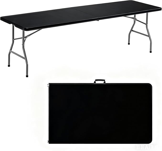 Folding Table 8FT Portable Heavy Duty Plastic Table with Carrying Handle Fold-in-Half Utility Foldable Tables for Parties Wedding Events Dining Indoor Outdoor Picnic (Black)