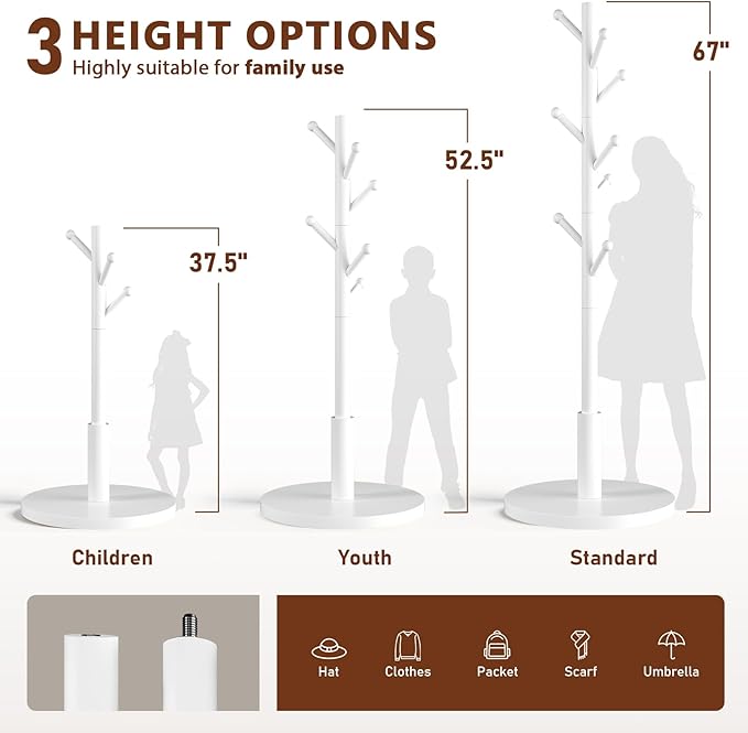 Coat Rack Freestanding Wooden Coat Tree Stand with 8 Round-tip Hooks, 3 Adjustable heights Coat Hat Rack for Entryway,Bedroom,Hallway,Office (White)