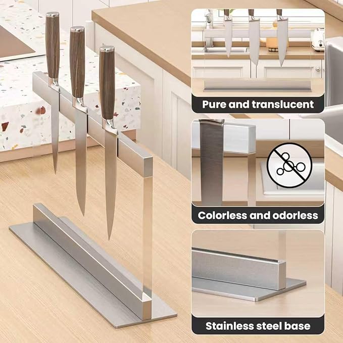 THMINS Acrylic Magnetic Knife Holder, Large Transparent Magnetic Knife Block Double-Sided Magnetic Kitchen Countertop Universal Knife Display Stand Multifunctional Storage
