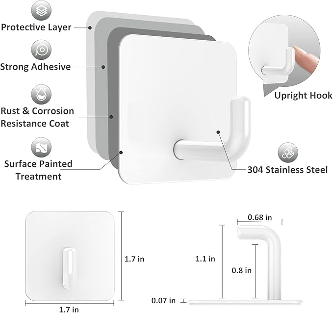 VIS'V Adhesive Hooks, Metal Shower Wall Stick on Hooks, Waterproof, 2 Extra Adhesive Strips, White, 4 Pcs