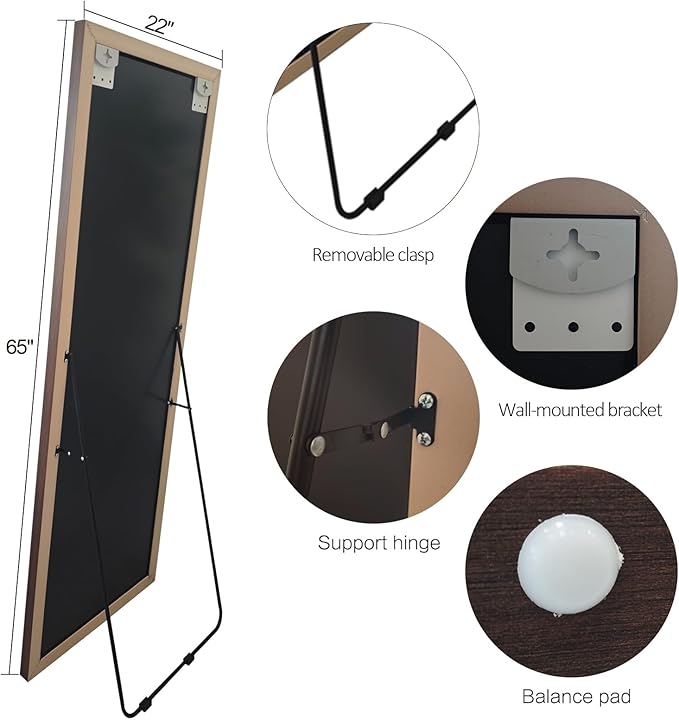 Full Length Mirror Wood Frame, 65x22in Floor Mirror Wall Full Body Mirror with Standing, Leaning Hanging for Bedroom,Living Room, Large Wooden Frame, Walnut