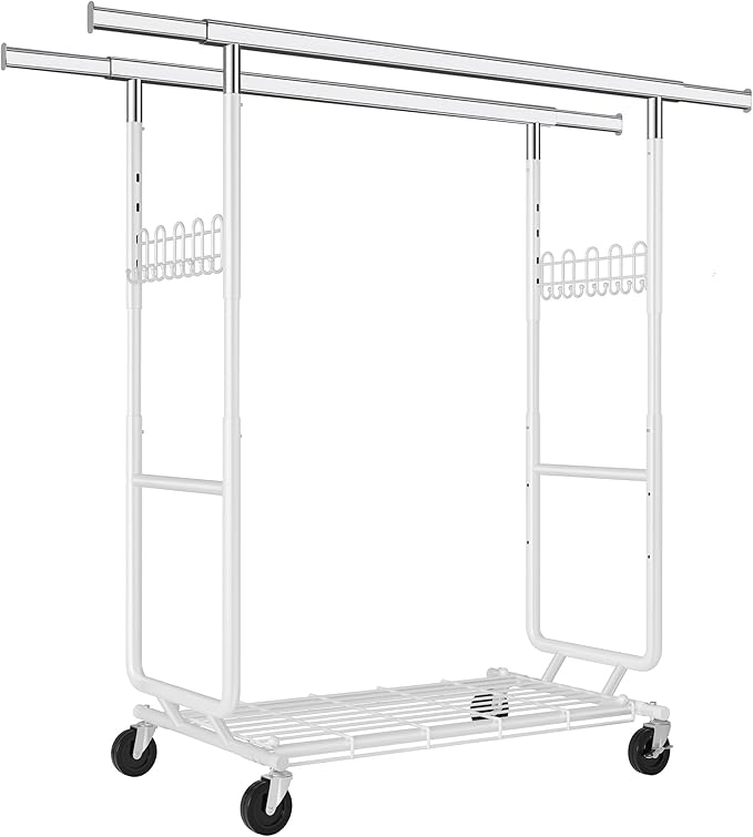 FAVOOSTY Heavy Duty Clothes Rack for Hanging Clothes with Double Rods, Rolling & Extending Clothing Rack with Wheels, Garment Coat Rack Freestanding, Portable, White