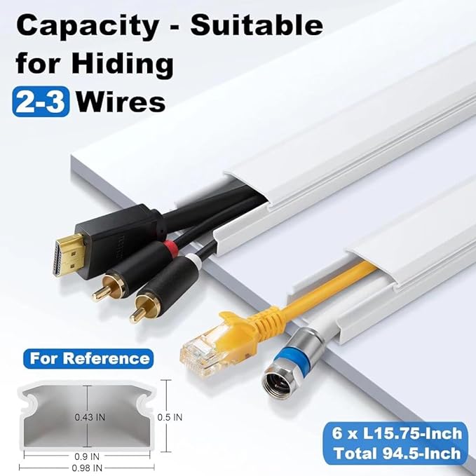 ZhiYo 94.5in Cord Cover Wall Kit, Cord Hider Wire Covers for Cords Wall Mounted TV, Paintable Wire Hiders, TV Cable Hider Cord Concealer, 6 x L15.7in W0.98 H0.5in, White