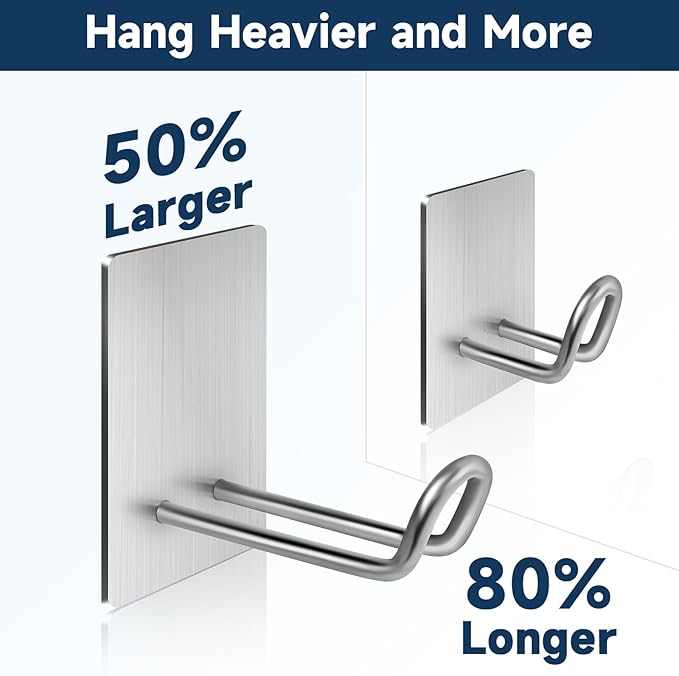 Self Adhesive Hooks Heavy Duty, Large Stainless Steel Towel Hooks, No Drill Sticky Hooks, Long Stick on Shower Wall Hooks for Hanging Hat Coat Key Headphone (Silver(6Pcs))