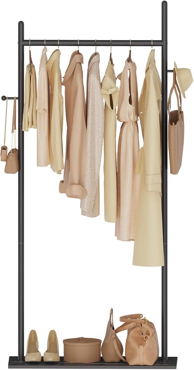 Large Metal Coat Rack Freestanding, Modern Coat Hanger Stand with 2 Hooks and Heavy Rock Slab Base, Industrial Clothing Rack, Coat Stand, 25.6 x 11.8 x 68.9 In, Black, GYJ202LB